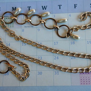 Vintage Aluminum Brass Mixed Metal Curb Chain Link Belt with Dangling Faux Pearl Charms