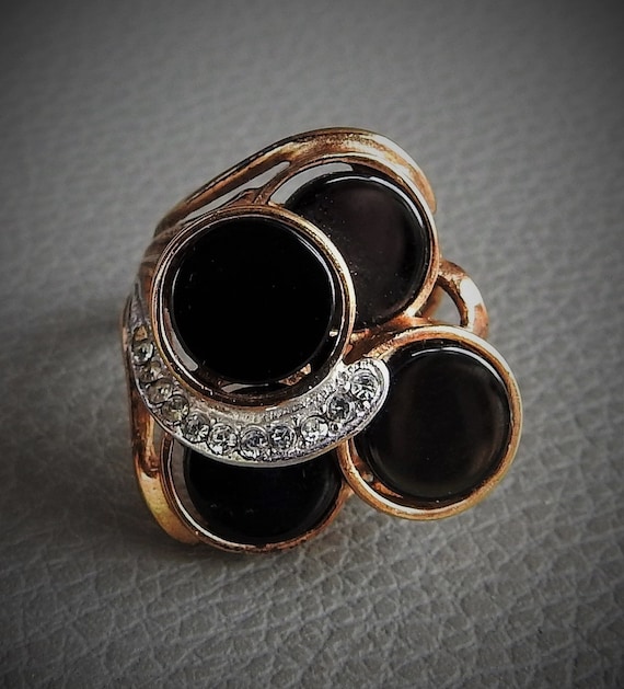 Gothic 1960\u2019s Encrusted Cocktail Ring Vintage Signed ART Circular Onyx Rhinestone Faux Silver Toned Metal Brutalist Adjustable Size