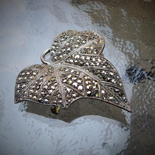 Vintage Antique Victorian Art Deco Art Nouveau newest Silver Marcasite Ivy Leaf Pendant/ Brooch