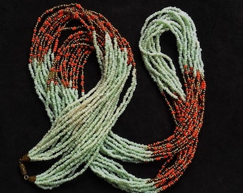 Vintage Multi Strand Bohemian Tribal Striped Pale Turquoise, Orange & Copper Seed Bead Necklace