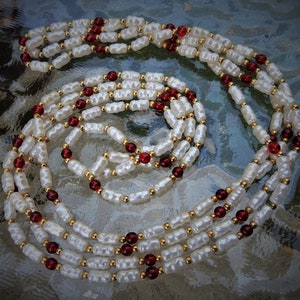 Vintage Art Nouveau Dimpled Faux Fresh Water Barque Pearl with Gold Tone Bead & Faux Ruby/ Garnet Bead Necklace