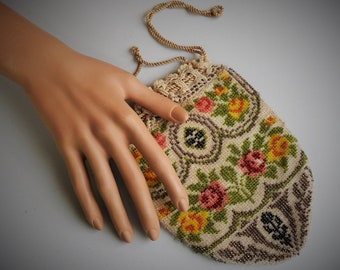 Vintage Antique Art Nouveau / Art Deco Flapper Reticule Beaded Floral Crochet Drawstring Purse/ Beaded Hand Bag/ Formal Beaded Purse