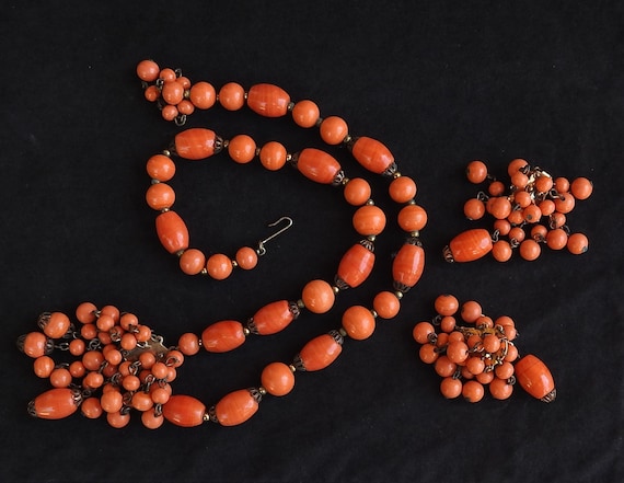 Vintage Kramer Coral Bead Demi Parure / Tassel Nec