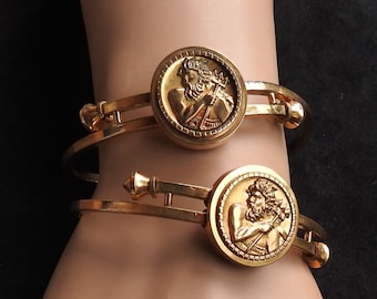 Vintage Antique Victorian Greek Revival Etruscan PAIR Gold Filled Hinged Bypass Mythological Neptune / Poseidon Coin Bangle Bracelets