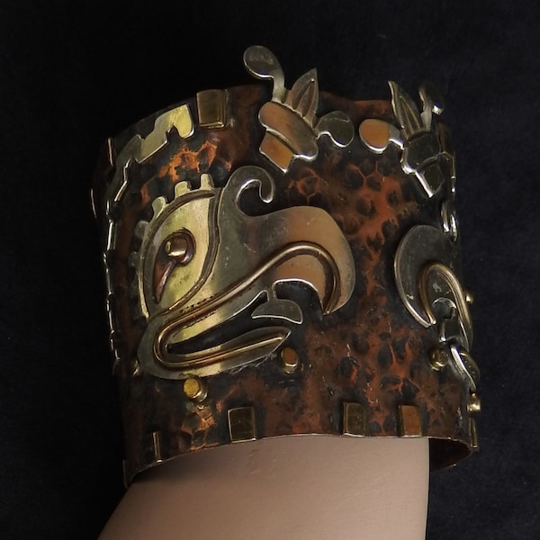 Vintage Casa Maya Hubert Harmon Mexico Mixed Metal Copper & Silver Aztec Mayan Cuauhtli Eagle with Xochitl Flowers Chunky Wide Cuff Bracelet