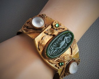 Vintage Antique Victorian Revival Art Nouveau/ Art Deco Gilt Brass Moon Stone & Green Onyx Cameo Hinged Wide Cuff Bracelet