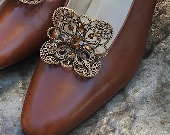 Vintage Musi Antiqued Golden Brass Tone Victorian Art Nouveau Etruscan Renaissance Filigree Shoe Clips with Topaz Rhinestones