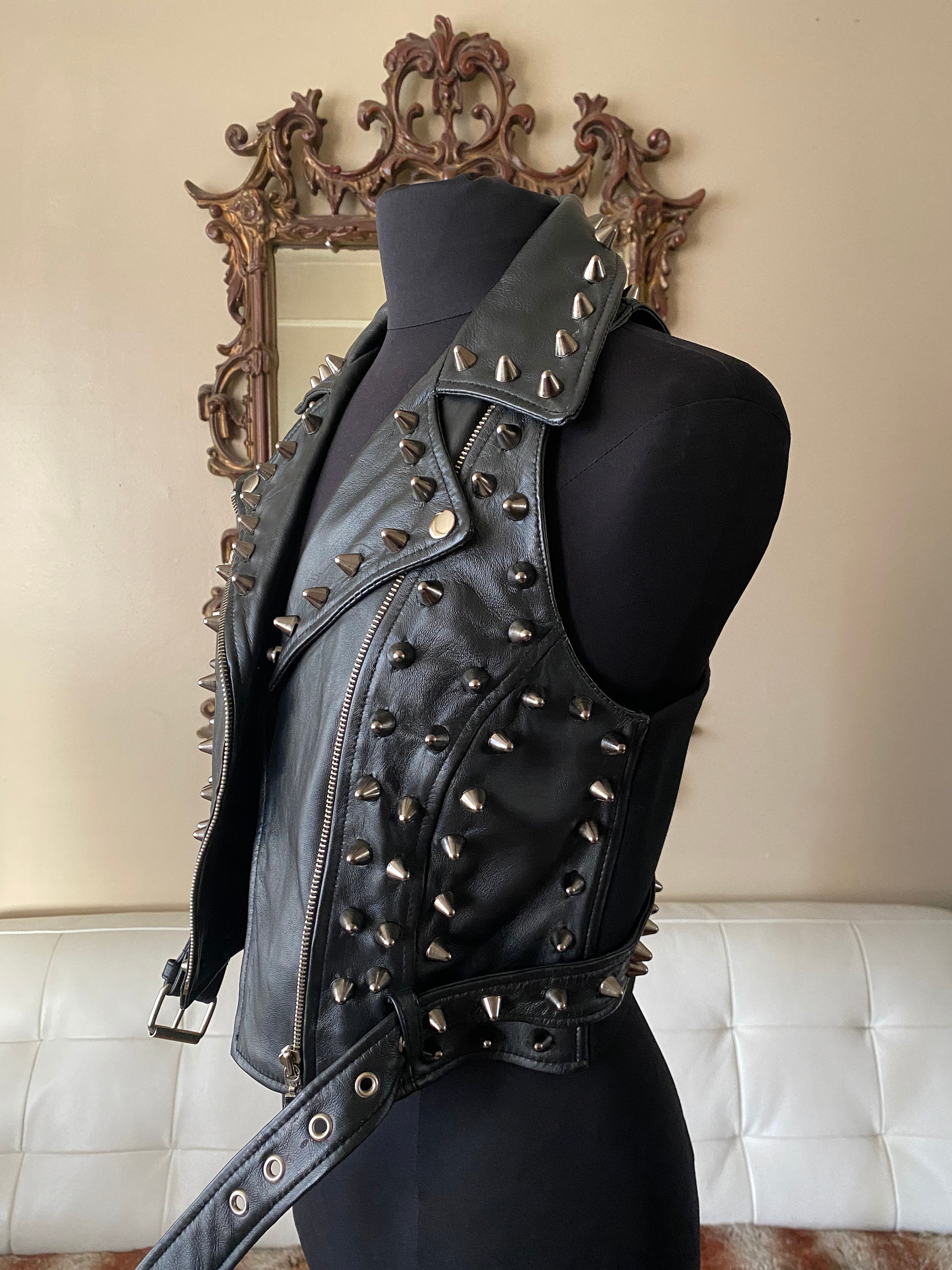 Black Spiked Studded Leather Punk Vest M Etsy