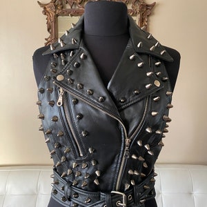 Black Spiked Studded Leather Punk Vest, M