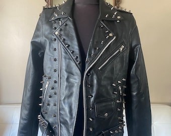 Mens Studded Lambskin Leather Biker Jacket, Punk Couture (Size M)