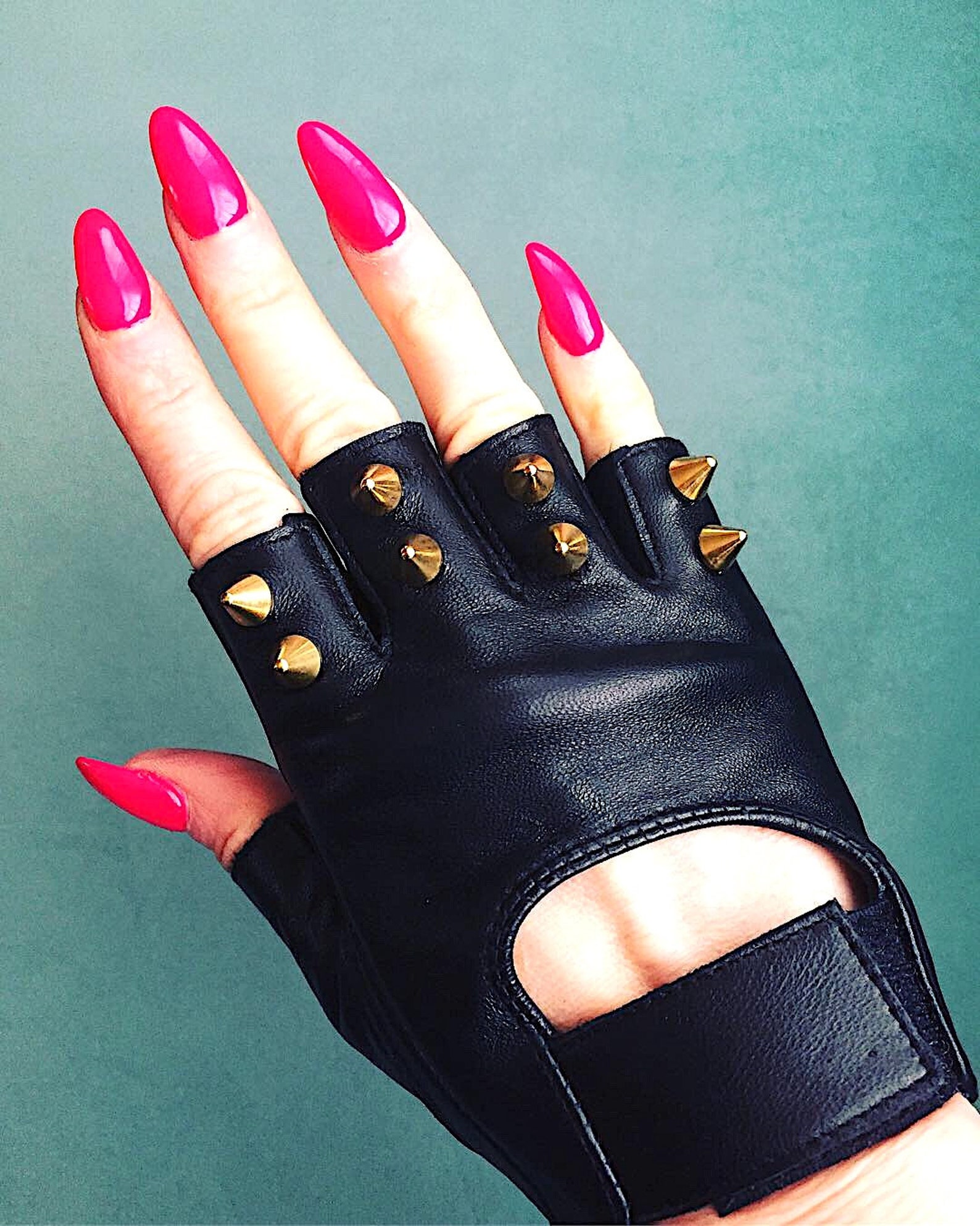 Black Leather Gloves With 2 Brass Spikes Etsy