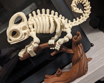 Caméléon squelette articulé imprimé en 3D avec branche d'arbre