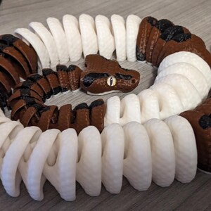 May include: A 3D-printed snake toy in a coiled position. The snake features alternating segments of white and brown with black spots. The head is brown with a yellow eye. The toy is made of plastic and sits on a wooden surface.