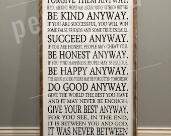 Mother Teresa Quote Sign | Forgive Them Anyway | Wooden Signs | Be Kind Anyway | Do Good Anyway | Farmhouse Wall Decor | Rustic Home Decor