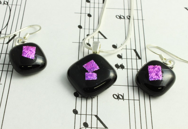 Dichroic Glass Jewelry Set Matching Dichroic Earrings & Pendant Necklace Violet Purple Dichroic Glass on Black Fused Glass image 1