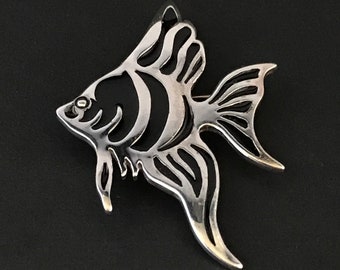 Broche poisson ange- argent massif émaillé, cadeau pêche, cadeau plongée, cadeau océan