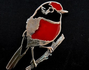 Red-capped Robin- brooch- Sterling Silver, enamel