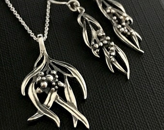 SET-Wattle Hanging Earrings and Medium pendant on chain -BOXED