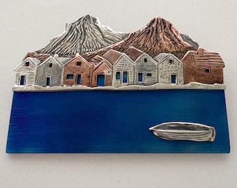 The Village - Broche grande, pieza única, plata, cobre, titanio