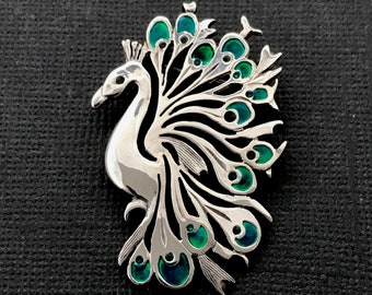 Broche de pavo real - plata y esmalte