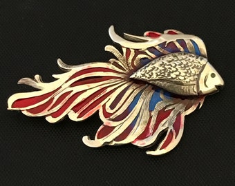 Siamese Fighting Fish Brooch- enamelled solid silver, fishing gift, diving gift, ocean gift