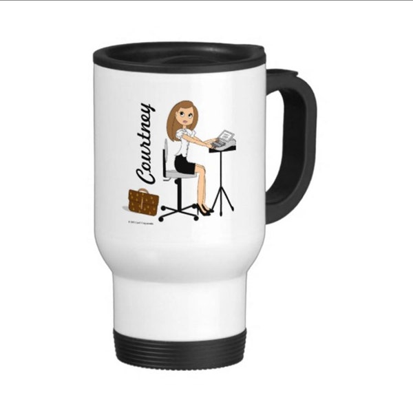 Court Reporter Travel Mug - Personanlized -Brunette, Blonde, Black, AfricanAmerican,Auburn, Hispanic, Gray, Short & Pixie Cut Hair, Glasses