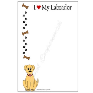May include: Printable card with a yellow Labrador Retriever, a red heart, and the text "I Love My Labrador". The card also has a bone and paw prints.