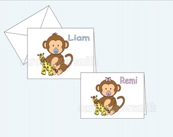 Baby Monkeys Note Cards - Personalized - Boy and Girl