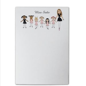 May include: A white notepad with a black and white illustration of a teacher and students in ballet poses. The text "Miss Sadie" is at the top of the notepad.