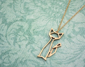 Collar de origami de gato - Colgante geométrico de latón con forma de animal