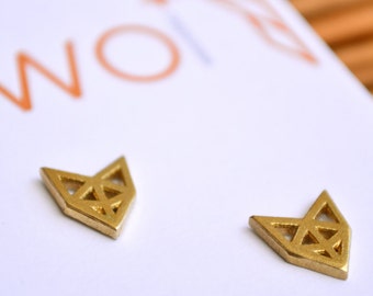 Fox origami earrings - Geometric animal stud - Animals in Polished Brass