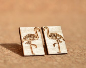 Flamingo origami earrings - Geometric animal stud - Birch Wood studs