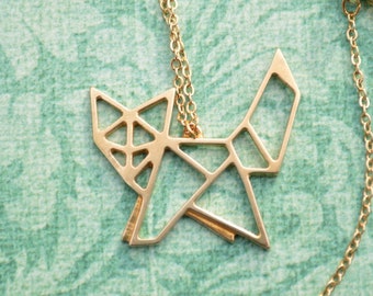 Fox origami necklace - Geometric animal pendant - Polished Brass