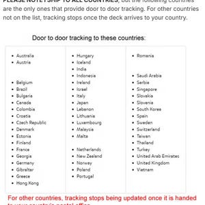 May include: A list of countries that offer door-to-door tracking for shipments. The list is divided into three columns: Australia, Austria, Belgium, Brazil, Bulgaria, Canada, Colombia, Croatia, Czech Republic, Denmark, Estonia, Finland, France, Georgia, Germany, Gibraltar, Greece, Hong Kong, Hungary, Iceland, India, Indonesia, Ireland, Israel, Italy, Japan, Lebanon, Lithuania, Luxembourg, Malaysia, Malta, Netherlands, New Zealand, Norway, Poland, Portugal, Romania, Saudi Arabia, Serbia, Singapore, Slovakia, Slovenia, South Korea, Spain, Sweden, Switzerland, Taiwan, Thailand, Turkey, United Arab Emirates, United Kingdom, Vietnam.