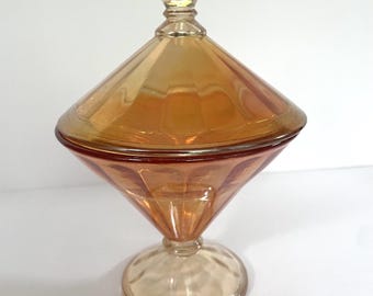 Piatto per caramelle vintage Westmoreland Marigold Carnival Glass con coperchio / Alzata a cono con piedistallo / Vetro ambrato iridescente / Art Deco