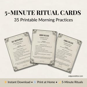 May include: Three printable 5-Minute Ritual Cards with instructions for morning practices. The cards feature text on a cream background with decorative borders. The rituals include Salt Water Reset, Worry Release, and Candle Release.