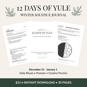 Könnte beinhalten: Ein Wintersonnenwende-Journal mit dem Titel "12 Days of Yule" mit täglichen Anregungen, Ritualen und kreativen Praktiken vom 21. Dezember bis 1. Januar. Das Journal enthält Seiten mit Text und einem Mandala-Design.
