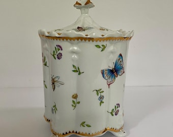 Bote de porcelana vintage Godinger Primavera con tapa / Mariposa Pradera Estilo Cottagecore / Ribete dorado Libélula Abeja / Tarro I. Godinger & Co Y2K