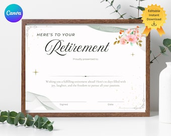 Certificado de jubilación, agradecimiento, regalo de jubilación, editable, años de servicio, plantilla de certificado digital de alta calidad