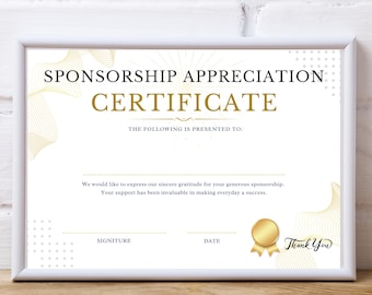 Plantilla de certificado de agradecimiento por patrocinio: descarga instantánea, alta calidad, totalmente personalizable: reconocimiento de alguien especial.