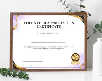 Regalo de agradecimiento para voluntarios, plantilla de certificado de reconocimiento para voluntarios: plantilla de alta calidad y totalmente personalizable. Agradecimiento a los voluntarios.