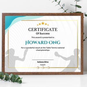 Table Tennis Certificate Template - Instant Download, High Quality Fully Customisable Design to Recognise individuals Achievements