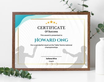 Table Tennis Certificate Template - Customizable Award (Digital Download)