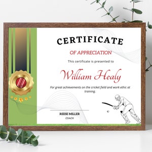 Cricket Certificate Template - Instant Download, High Quality Fully Customisable Design to Recognise an individual or a Team&#39;s Achievements