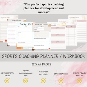 May include: A sports coaching planner and workbook in pink and beige. The planner includes sections for coaching notes, contact lists, training plans, and action plans. The text reads "The perfect sports coaching planner for development and success."