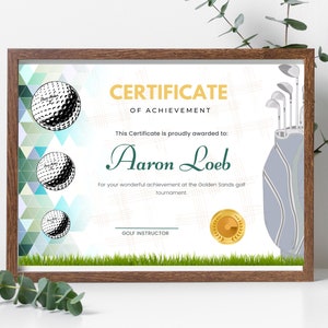 Golf Player Award Certificate Template, High Quality, Fully Customisable Design, Recognise achievements of a Golf player, Golf coach.