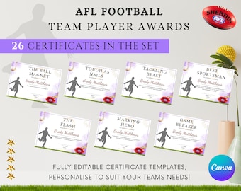 Plantillas de certificado de fútbol australiano de la AFL: descarga instantánea, diseño de alta calidad y totalmente personalizable para reconocer logros.