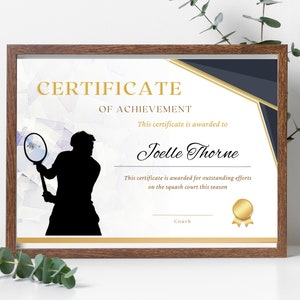 Squash Certificate, Squash player award, Squash team award, High Quality, Fully Customisable Design.