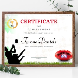 AFL football Certificate Template - Aussie rules, Instant Download, High Quality Fully Customisable Design to Recognise Achievements