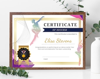 Plantilla de certificado de baile para premio de competencia: personalice, descargue al instante, diseño de alta calidad, reconozca los logros de una persona